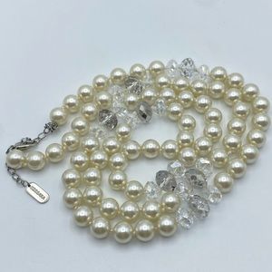 Kissaka Signed Hand Knotted Faux Glass Pearl Necklace Faceted Crystal Long